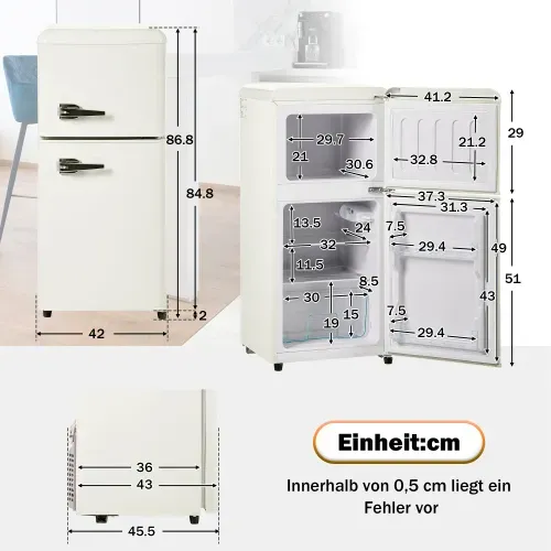 Réfrigérateur Congélateur Rétro à Double Porte + 60 Litres + Blanc Crème