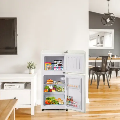 Réfrigérateur Congélateur Rétro à Double Porte + 60 Litres + Blanc Crème