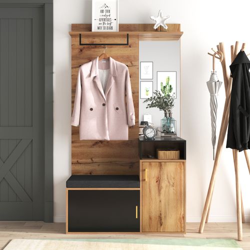 Ensemble Meuble D'entrée Avec Miroir,4 Crochets à Vêtements,banc à Chaussures Et étagère,bois,noir