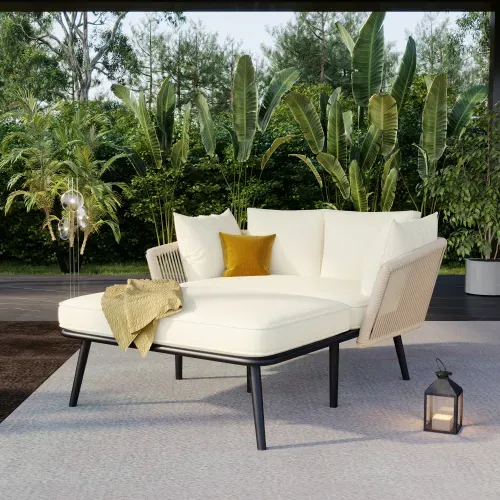 Canapé De Jardin Avec 2 Coussins, Beige, Structure En Acier, Assise 10 Cm