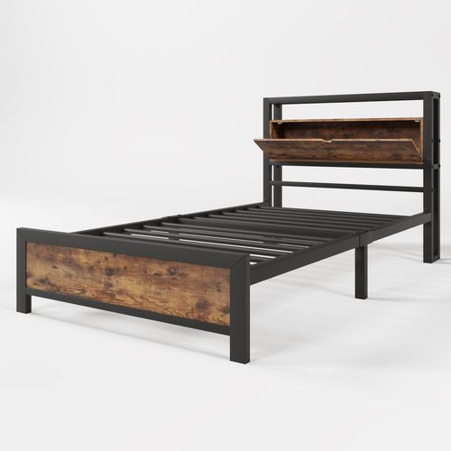 Lit 90x200 Cm Avec Tête De Lit Rangement - Cadre Métal Treillis, Design Industriel Pour Adulte Et Ado - 4