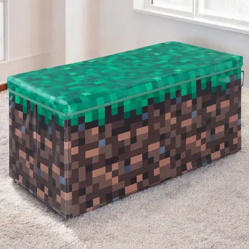 Coffre à Jouet Et Siège Pliable 2en1 - Rectangulaire - Bloc D'herbe Minecraft