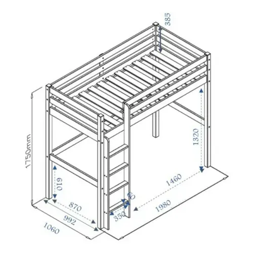 Lit Mezzanine Aaron   Bois Naturel 90x190 Cm