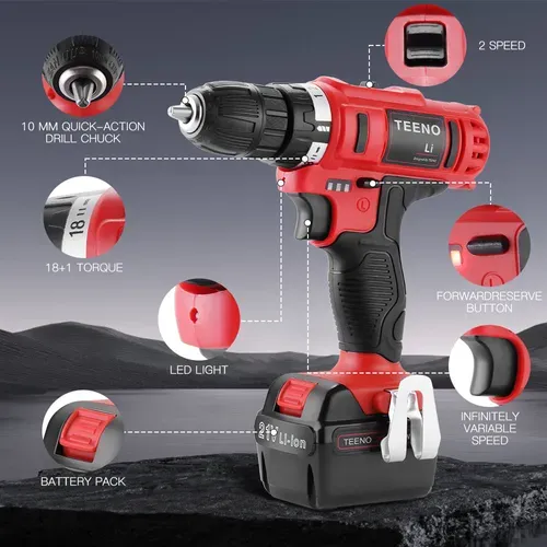 Visseuse à Batterie 21 V, 2 Vitesses, Perceuse à Piles, 2 Batteries Au Lithium 1,5 Ah