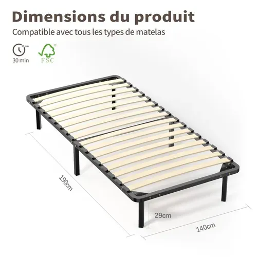Sommier à Lattes 90x190 cm Sur Pieds - 6 Pieds Inclus