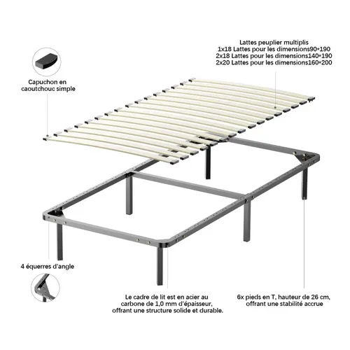Sommier à Lattes 90x190 cm Sur Pieds - 6 Pieds Inclus