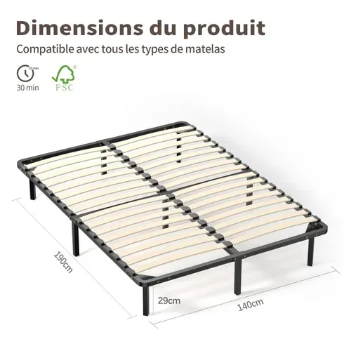 Sommier Cadre à Lattes 140x190cm Sommier à Lattes Sur Pieds , 9 Pieds Inclus