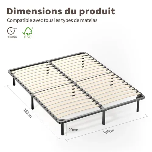 Sommier Cadre à Lattes 160x200cm Sommier à Lattes Sur Pieds , 9 Pieds Inclus