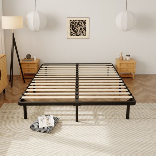 Sommier à Lattes 140x190cm Cadre à Lattes Sur Pieds, 9 Pieds Inclus , Lit 2×14 Lattes