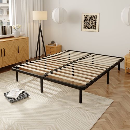 Sommier à Lattes 140x190cm Cadre à Lattes Sur Pieds, 9 Pieds Inclus , Lit 2×14 Lattes