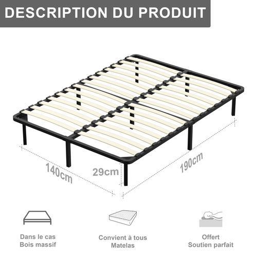 Sommier à Lattes 140x190cm Cadre à Lattes Sur Pieds, 9 Pieds Inclus , Lit 2×14 Lattes