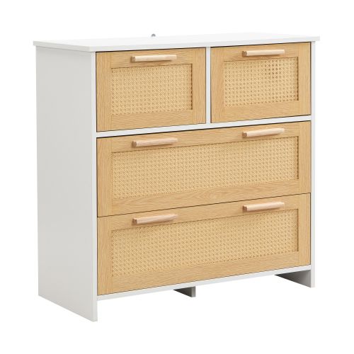 Commode En Rotin De Haute Qualité à 4 Tiroirs Avec Poignées En Bois Massif