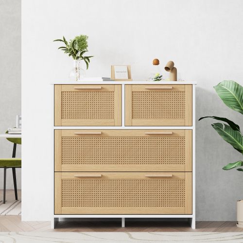 Commode En Rotin De Haute Qualité à 4 Tiroirs Avec Poignées En Bois Massif