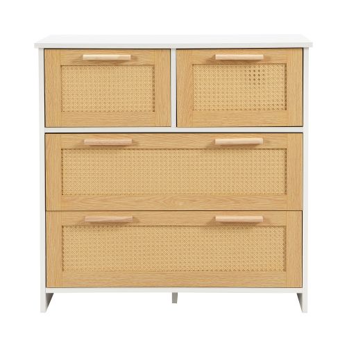 Commode En Rotin De Haute Qualité à 4 Tiroirs Avec Poignées En Bois Massif