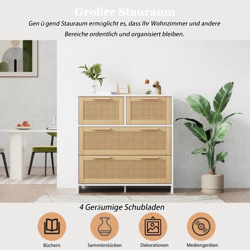 Commode En Rotin De Haute Qualité à 4 Tiroirs Avec Poignées En Bois Massif