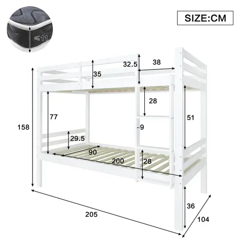 Lit Superposé Avec échelle En Angle à Trois Niveaux Et Barrière De Sécurité,blanc, 90x200 Cm