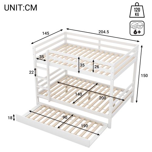 Lit Superposé 140x200cm, Lit Enfant, Lit Superposé Avec Lit Coulissant, Blanc