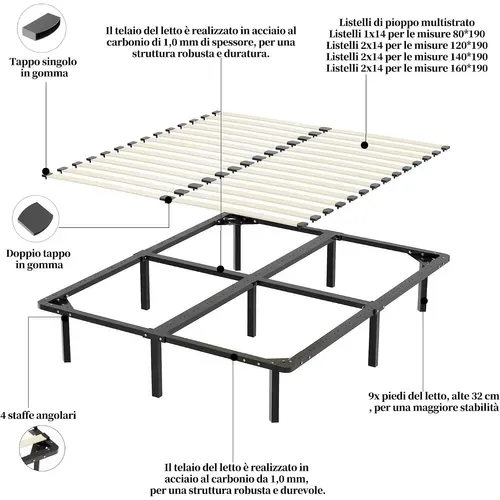 Sommier à Lattes Sur Pieds, Lit 2×13 Lattes, 7 Pieds Inclus, 140x190cm