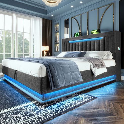Lit Double 180x200 Cm En Lin Gris Avec Rangement Tête Et LED, Ports USB Et Type-c