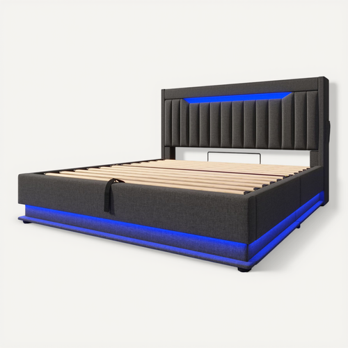Lit Double 180x200 Cm En Lin Gris Avec Rangement Tête Et LED, Ports USB Et Type-c