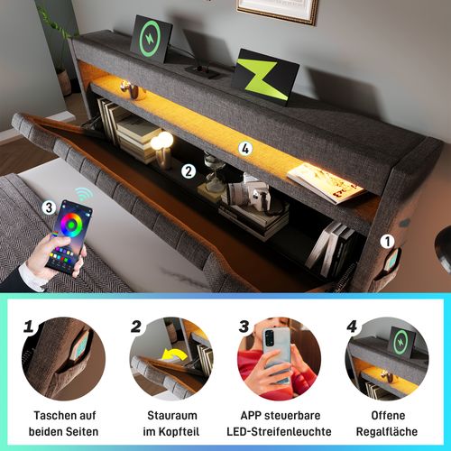 Lit Double 180x200 Cm En Lin Gris Avec Rangement Tête Et LED, Ports USB Et Type-c