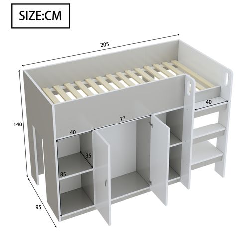 Lit combiné 90x200 Cm Avec Rangements, Armoire Et Étagères, En Bois Massif, Gris