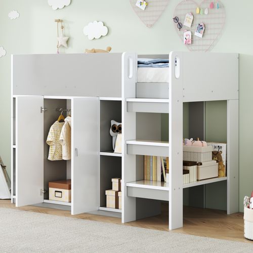 Lit combiné 90x200 Cm Avec Rangements, Armoire Et Étagères, En Bois Massif, Gris