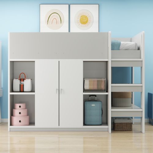 Lit combiné 90x200 Cm Avec Rangements, Armoire Et Étagères, En Bois Massif, Gris