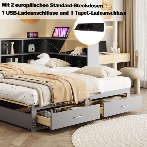 Lit Gigogne 90/180x190 Cm En Bois Massif Avec Lit Gigogne, Tiroirs Et Prise – Gris