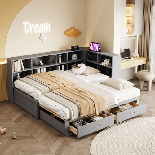 Lit Gigogne 90/180x190 Cm En Bois Massif Avec Lit Gigogne, Tiroirs Et Prise – Gris