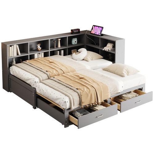 Lit Gigogne 90/180x190 Cm En Bois Massif Avec Lit Gigogne, Tiroirs Et Prise – Gris