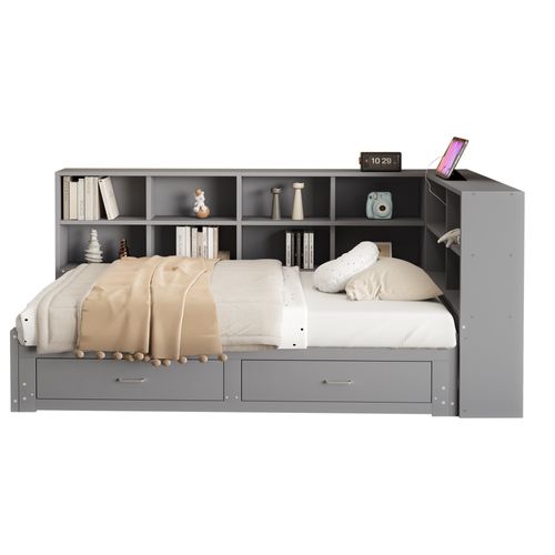 Lit Gigogne 90/180x190 Cm En Bois Massif Avec Lit Gigogne, Tiroirs Et Prise – Gris