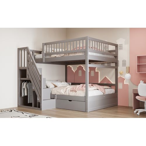 Lit Superposé 140x200 Cm En Bois Massif Avec Rangements Et Échelle Sécurisée, Gris