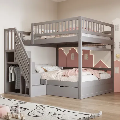 Lit Superposé 140x200 Cm En Bois Massif Avec Rangements Et Échelle Sécurisée, Gris