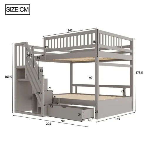 Lit Superposé 140x200 Cm En Bois Massif Avec Rangements Et Échelle Sécurisée, Gris