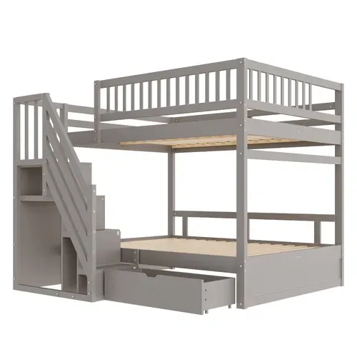 Lit Superposé 140x200 Cm En Bois Massif Avec Rangements Et Échelle Sécurisée, Gris