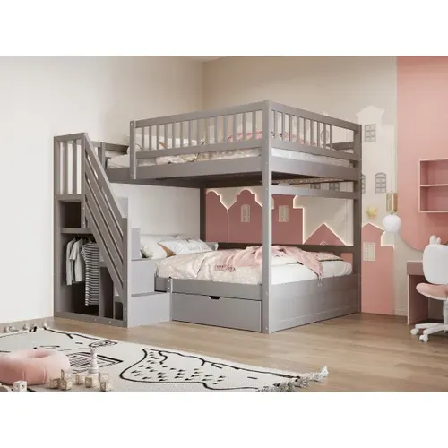 Lit Superposé 140x200 Cm En Bois Massif Avec Rangements Et Échelle Sécurisée, Gris