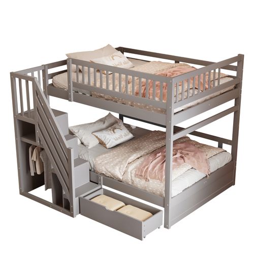Lit Superposé 140x200 Cm En Bois Massif Avec Rangements Et Échelle Sécurisée, Gris