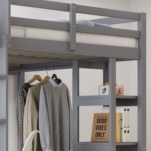 Lit Mezzanine 140x200 Cm En Bois Massif Avec Bureau, étagères Et Penderie, Gris