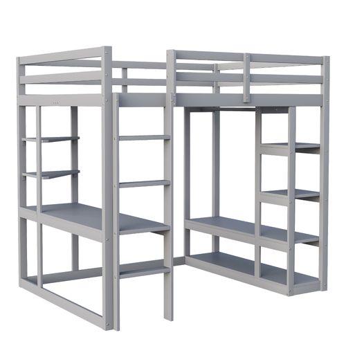 Lit Mezzanine 140x200 Cm En Bois Massif Avec Bureau, étagères Et Penderie, Gris