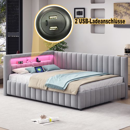 Canapé-lit 140x200 Cm En Velours Avec LED Et Port USB, Coloris Gris Clair