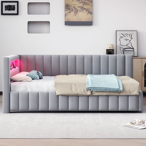 Canapé-lit 140x200 Cm En Velours Avec LED Et Port USB, Coloris Gris Clair
