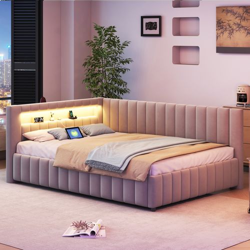 Canapé-lit 140x200 Cm En Velours Avec LED Et Port USB, Coloris Gris Clair