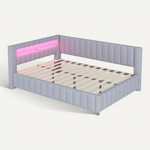 Canapé-lit 140x200 Cm En Velours Avec LED Et Port USB, Coloris Gris Clair