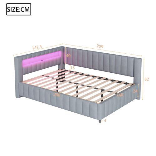 Canapé-lit 140x200 Cm En Velours Avec LED Et Port USB, Coloris Gris Clair
