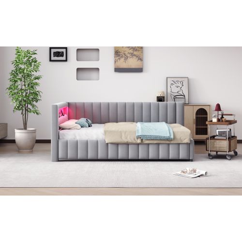 Canapé-lit 140x200 Cm En Velours Avec LED Et Port USB, Coloris Gris Clair