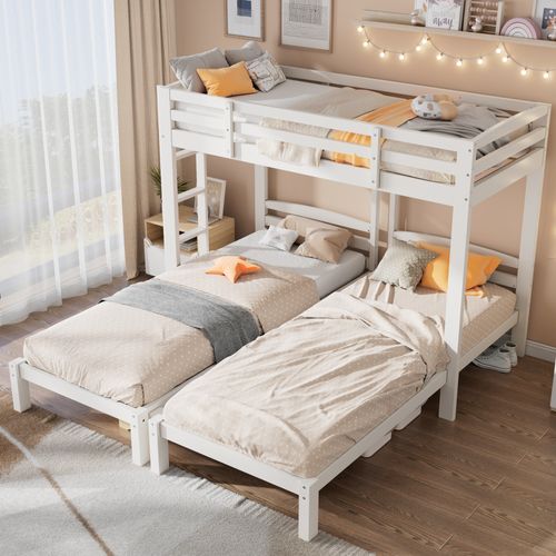 Lit Superposé Triple 90x200 Cm En Bois Massif, Avec Échelle Latérale, Blanc