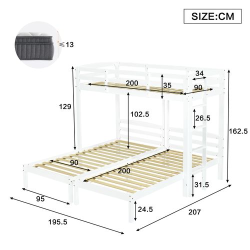Lit Superposé Triple 90x200 Cm En Bois Massif, Avec Échelle Latérale, Blanc
