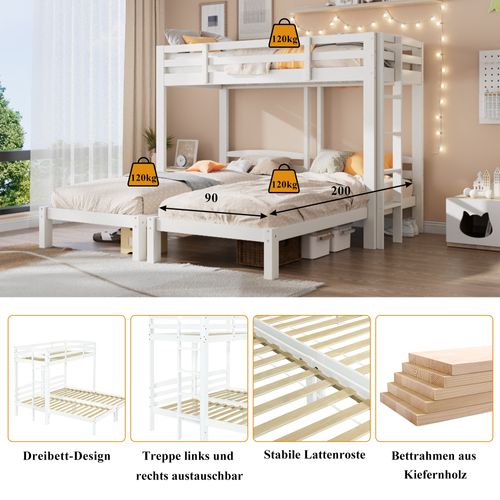 Lit Superposé Triple 90x200 Cm En Bois Massif, Avec Échelle Latérale, Blanc