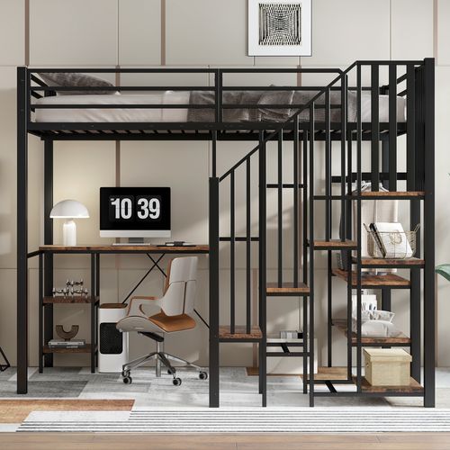 Lit Mezzanine Métal 120x200 Cm Avec Bureau, Penderie Ouverte Et Escalier-rangement